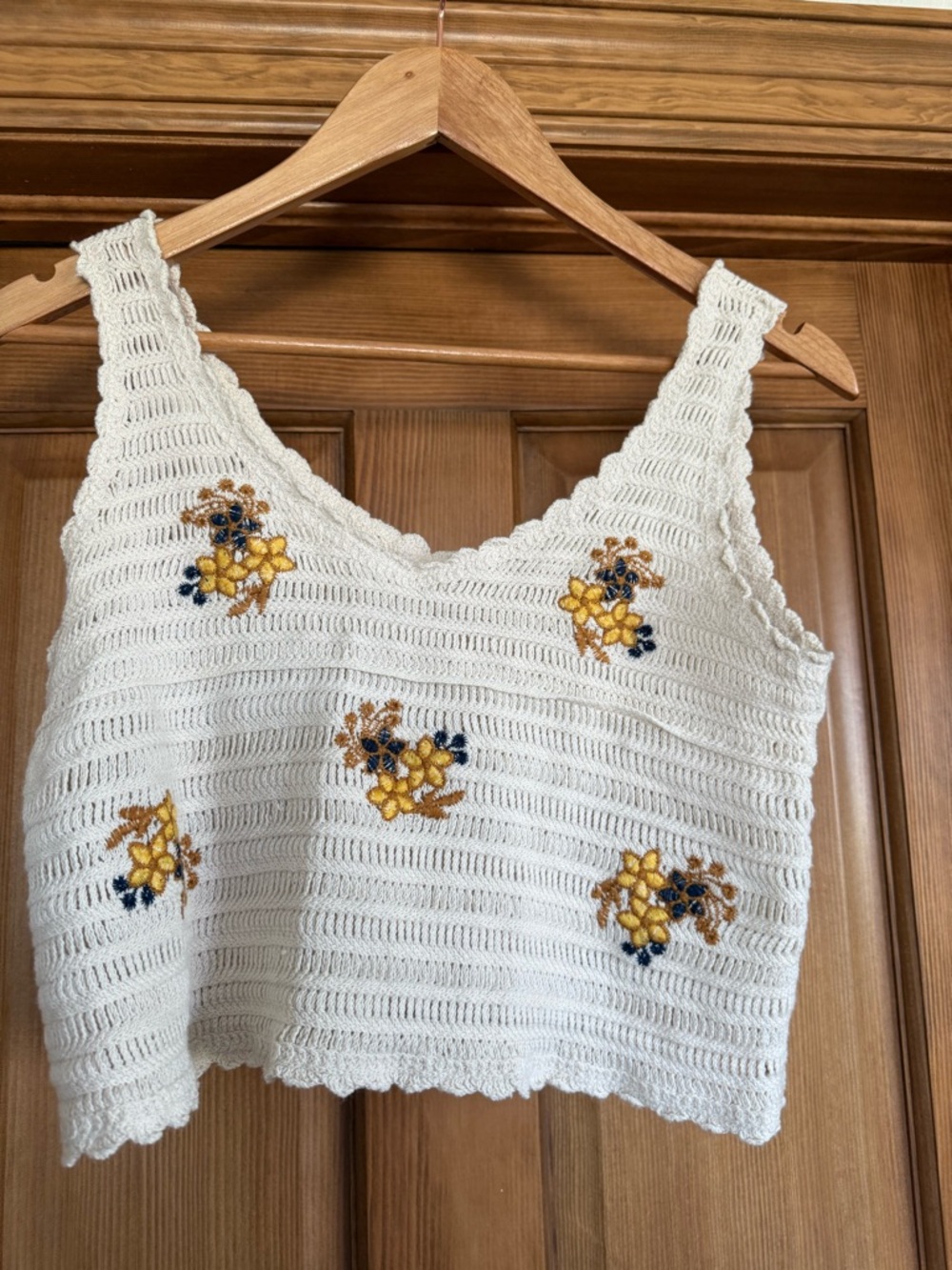 Crochet Floral Tank Top - Cream with Yellow Embroidery